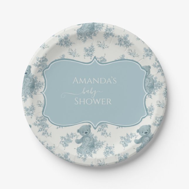 French Toile Bear und Bunny Baby Dusche Pappteller (Vorderseite)
