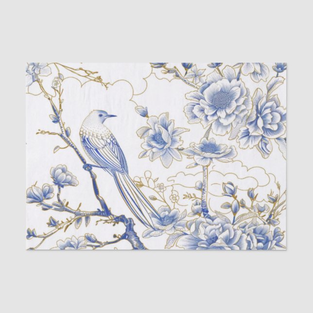 French-Toile Chinoiserie Bird in Blue and Gold Seidenpapier (Vorderseite)