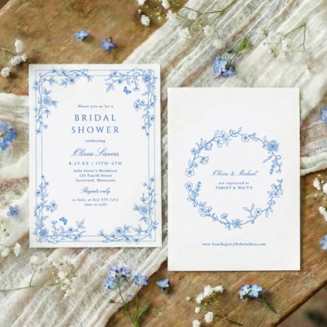 French Toile Chinoiserie Blue White Bridal Shower Einladung (Blue and white wildflower bridal shower invitation with French vintage toile corner florals)