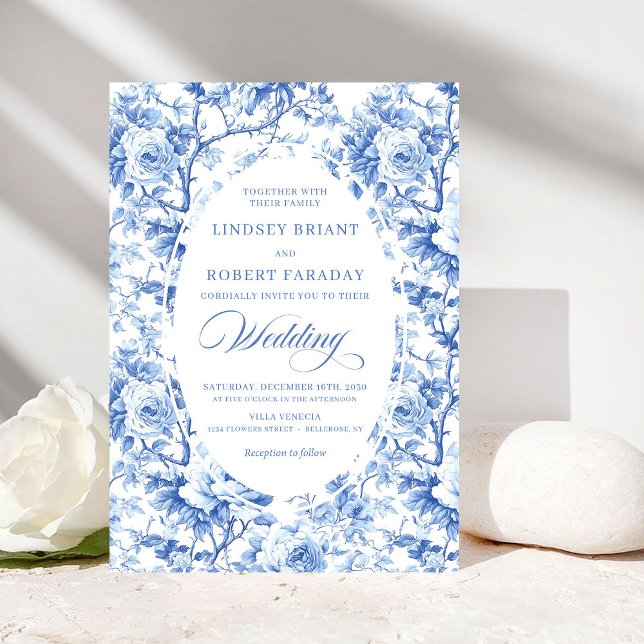 French Toile de Jouy Blue Roses Elegant Wedding  Einladung (French Toile de Jouy Blue Roses Elegant Wedding Invite)
