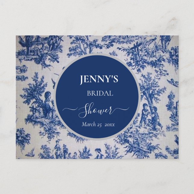 French Toile de Jouy Blue und White Brautparty Ankündigungspostkarte (Vorderseite)