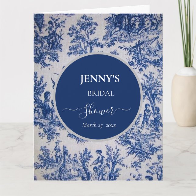 French Toile de Jouy Blue und White Brautparty Karte (Vorderseite)