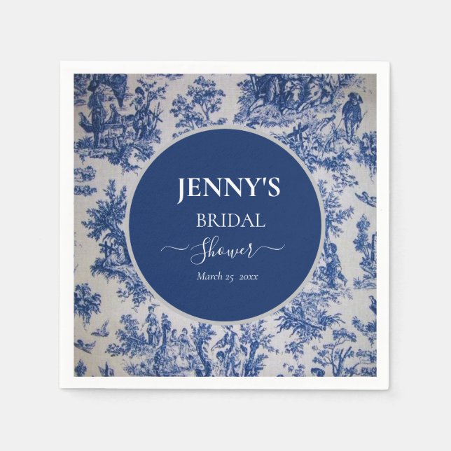 French Toile de Jouy Blue und White Brautparty Serviette (Vorderseite)