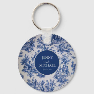French Toile de Jouy Blue White Schlüsselanhänger