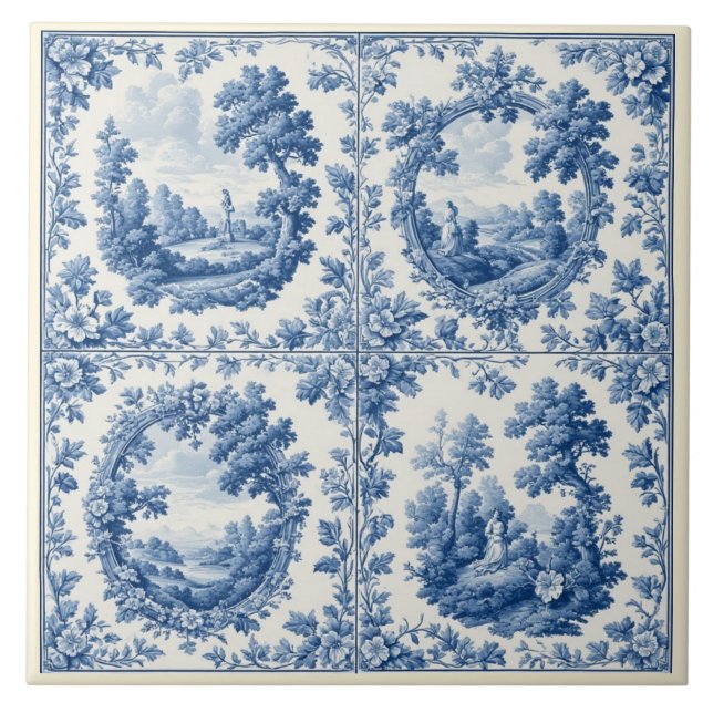 French Toile De Juoy Pastoral Rustic Country Blue  Fliese (Vorderseite)