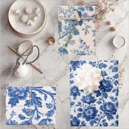 French Toile Dreamy Blue Engraved Floral Grandeur Geschenkpapier Set