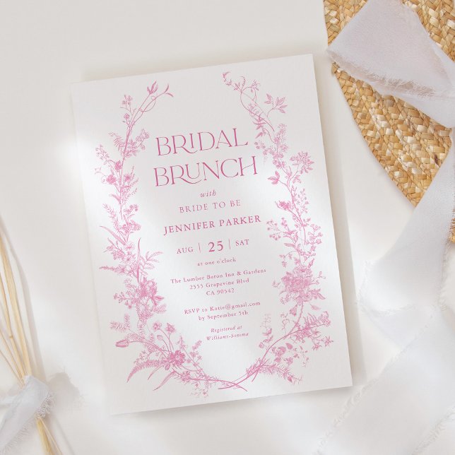 French Toile Pink Floral Bridal Brunch Einladung (Von Creator hochgeladen)