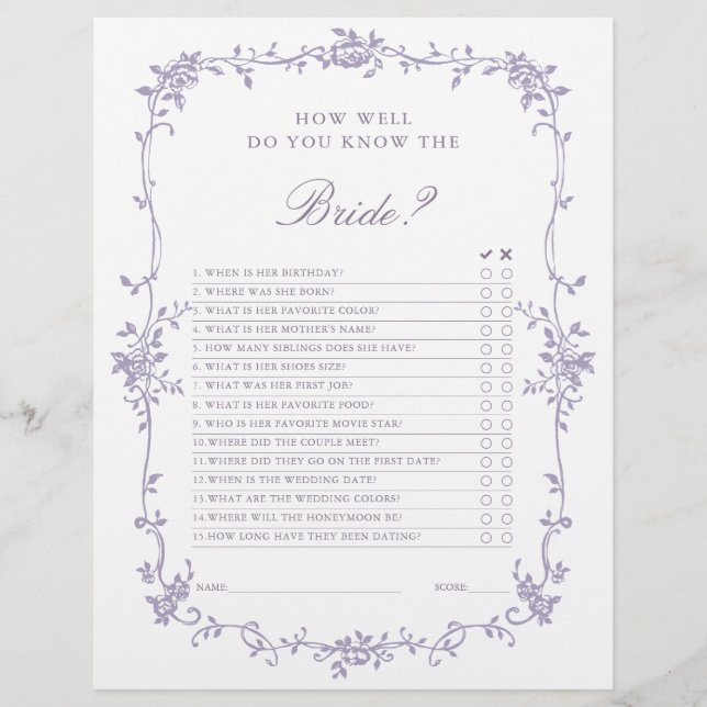 French Victorian Lavender Bridal Shower Game (Vorderseite)
