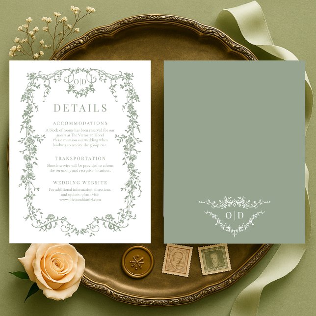 French Victorian Sage Green Wedding Details Einladung (Von Creator hochgeladen)
