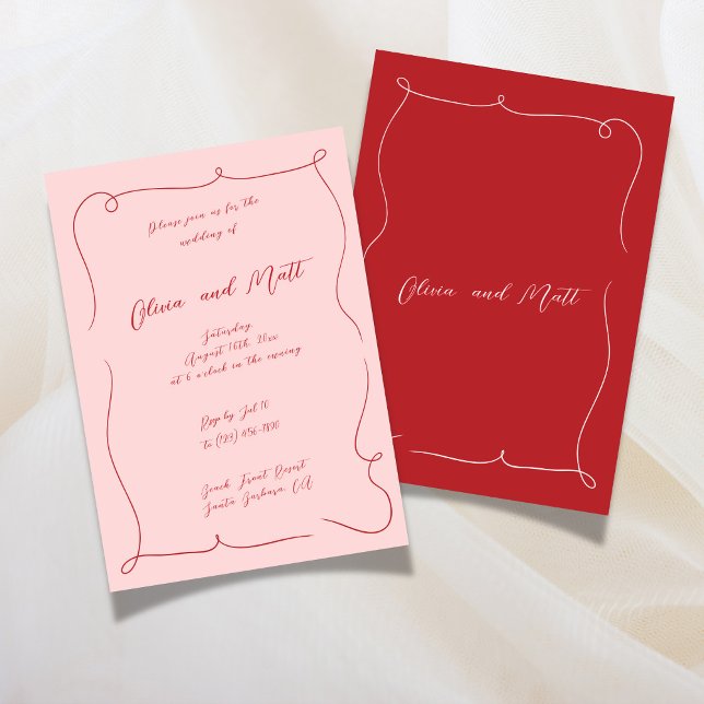French Whimsy Script Wedding Invite Red Pink Einladung (French Whimsy Script Wedding Invite Red Pink)