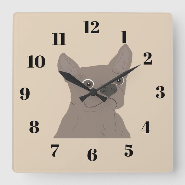 Frenchie, beige quadratische wanduhr (Vorderseite)
