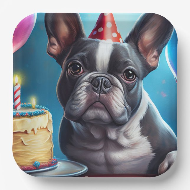 Frenchie Birthday Bash: Ein Niedlicher französisch Pappteller (Vorderseite)