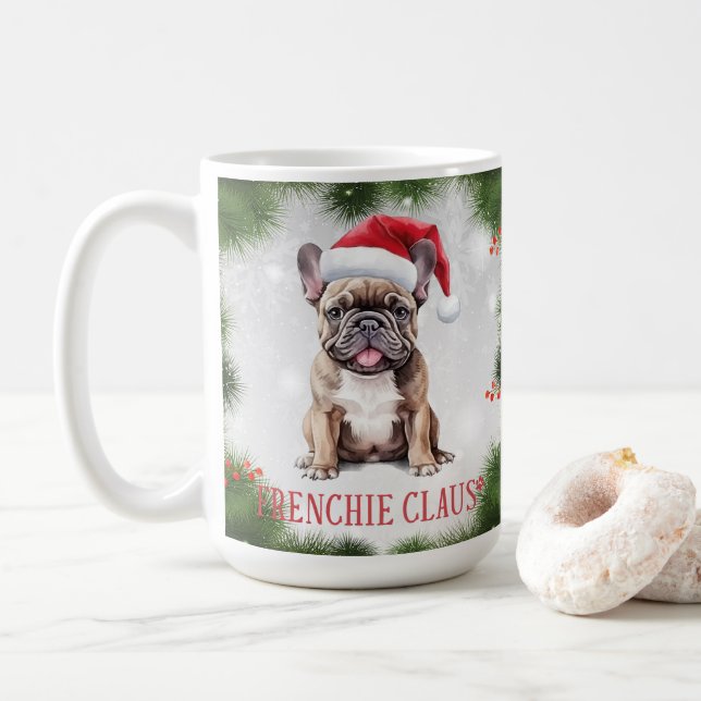 Frenchie Claus Dog Pun Weihnachtskaffee Tasse (Mit Donut)