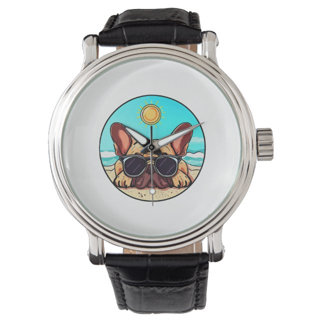 Frenchie Enjoying Beach Armbanduhr (Vorderseite)