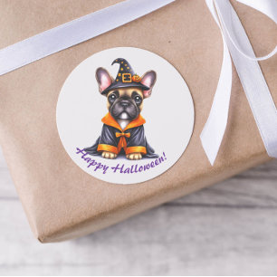 Frenchie Halloween Lila Robe Hexenhut Runder Aufkleber