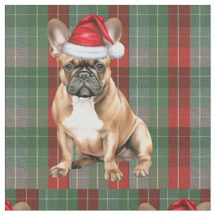 Frenchie-Hund mit rotem grünem Karo-Feiertagsstoff Stoff