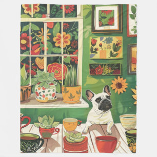 Frenchie im Boho-Garten-Teeraum Fleecedecke
