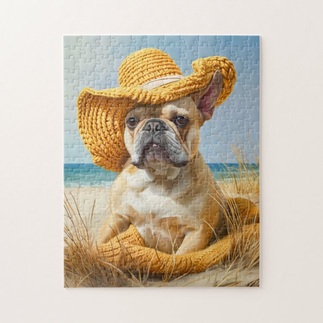 Frenchie im sommerlichen Strandhut (Vertikal)