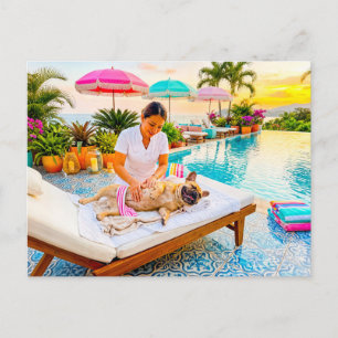 Frenchie-Massage am Pool Postkarte