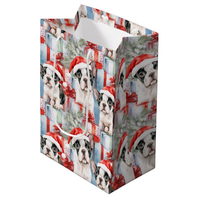 Frenchie Santa Squad Weihnachten Mittlere Geschenktüte (Vorderseite Schrägansicht)