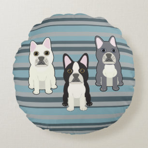 Frenchies Blau Gestreift Rundes Kissen