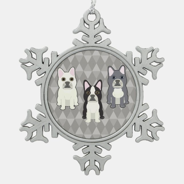 Frenchies Gray Diamonds Schneeflocken Zinn-Ornament (Vorderseite)