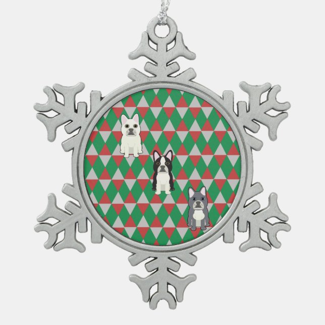 Frenchies Holiday Diamonds Schneeflocken Zinn-Ornament (Vorderseite)