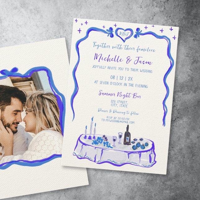 Frenhch Blue Retro Whimsical Hand Drawn Bow Foto Einladung (whimsical hand drawn french blue dinner table with bow frame for your wedding invitation)