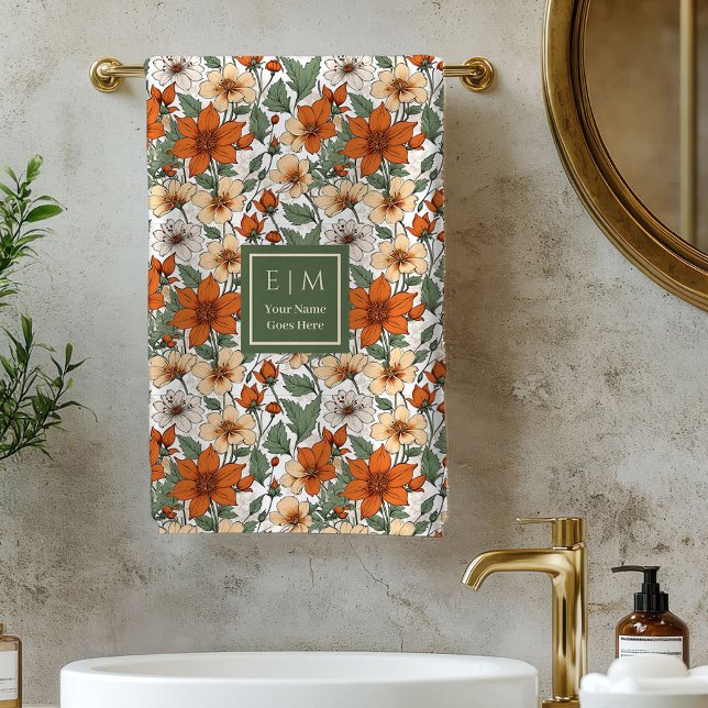 Fresh Autumn Floral Olive Rust Personalized Towel Badhandtuch Set (Fresh Autumn Floral Olive Rust Personalized Towel)