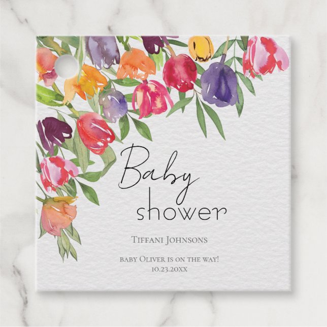 Fresh Blooms Tulips and Greenerity Baby Shower Geschenkanhänger (Vorderseite)