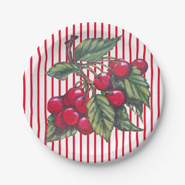 Fresh Cherry Red White Stripe Summer Dessert Pappteller (Vorderseite)