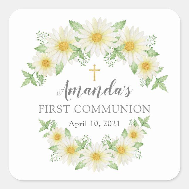Fresh Daisy Floral First Communitysticker Quadratischer Aufkleber (Vorderseite)