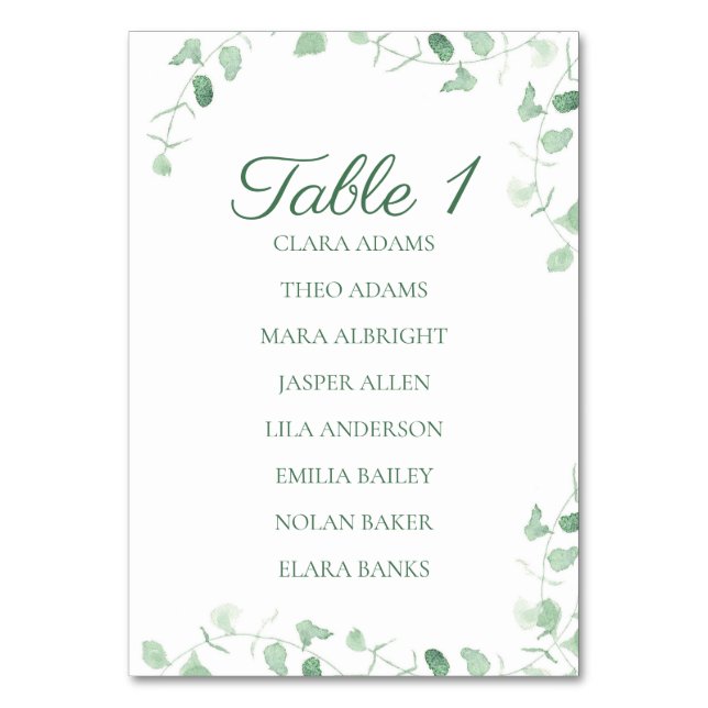 Fresh Eucalyptus Greenery Numeric Seating Display Tischnummer (Vorderseite)