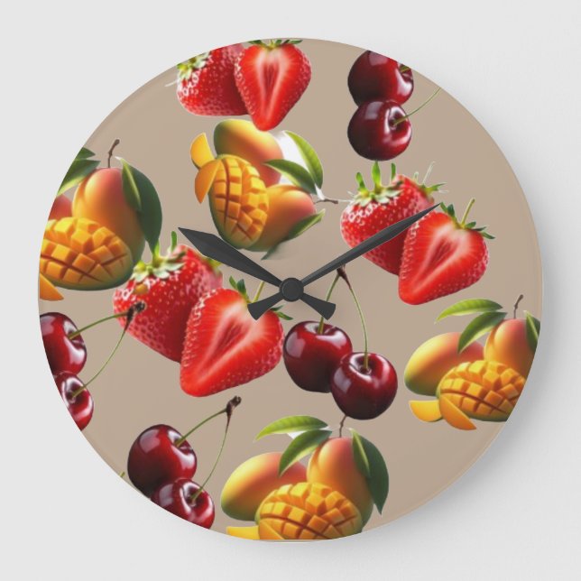 Fresh Fruit Pattern – Strawberry, Cherry & Mango A Große Wanduhr (Vorderseite)