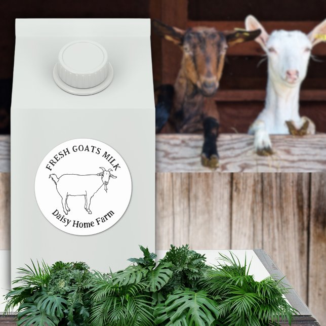 Fresh Goats Milch Firmenname Schwarz und Weiß Runder Aufkleber (Simple goat drawing custom business name fresh goats milk farm produce black and white  label)