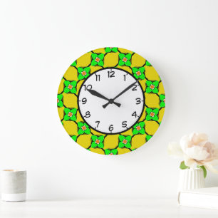 Fresh Green and Yellow Lemon Garden Pattern Große Wanduhr