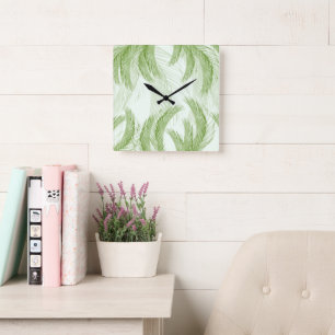 Fresh Green Feather Palm Bliss 1 Quadratische Wanduhr