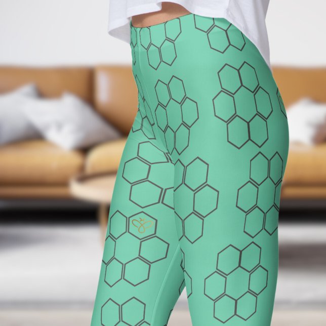Fresh Green Honey Beve Hive Pattern Leggings (Honey Hive on Aquamarine )