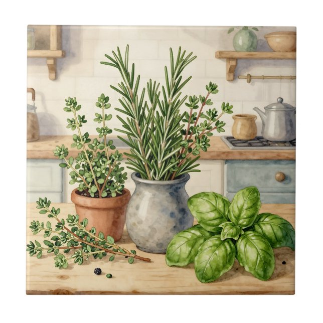 Fresh Kitchen Herbs Watercolor  Fliese (Vorderseite)