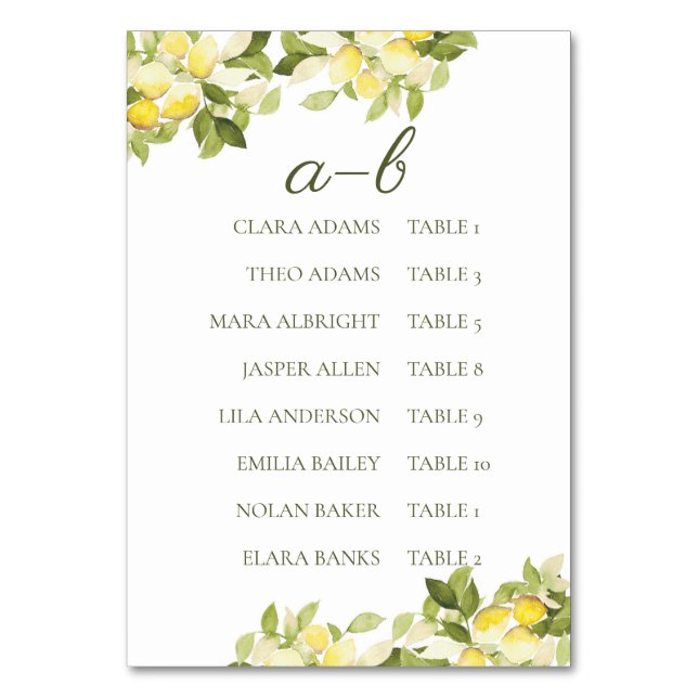 Fresh Lemon Bright Botanical Alphabet Tischnummer (Vorderseite)
