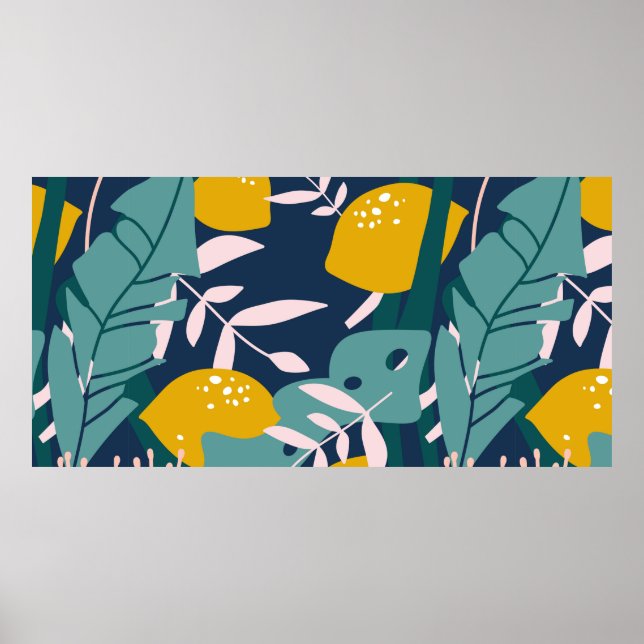 Fresh lemons, leaves background. Hand drawn overla Poster (Vorne)