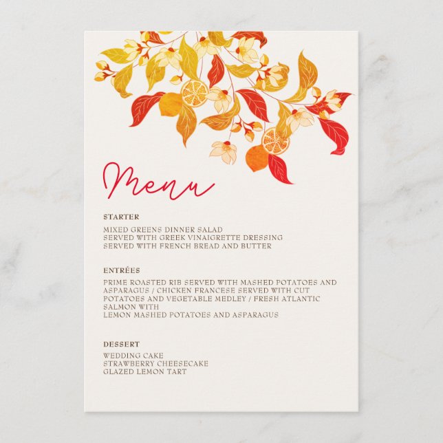Fresh Lemony Liebe Citrus Foliage Hochzeit Menükarte (Vorderseite)