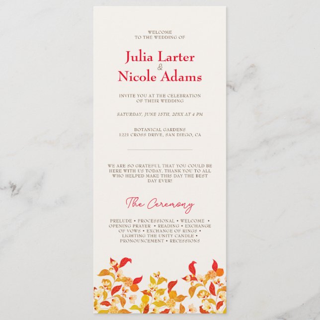 Fresh Lemony Liebe Citrus Foliage Hochzeit Programm (Vorderseite)