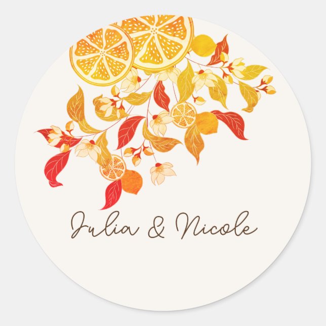 Fresh Lemony Liebe Citrus Foliage Hochzeit Runder Aufkleber (Vorderseite)