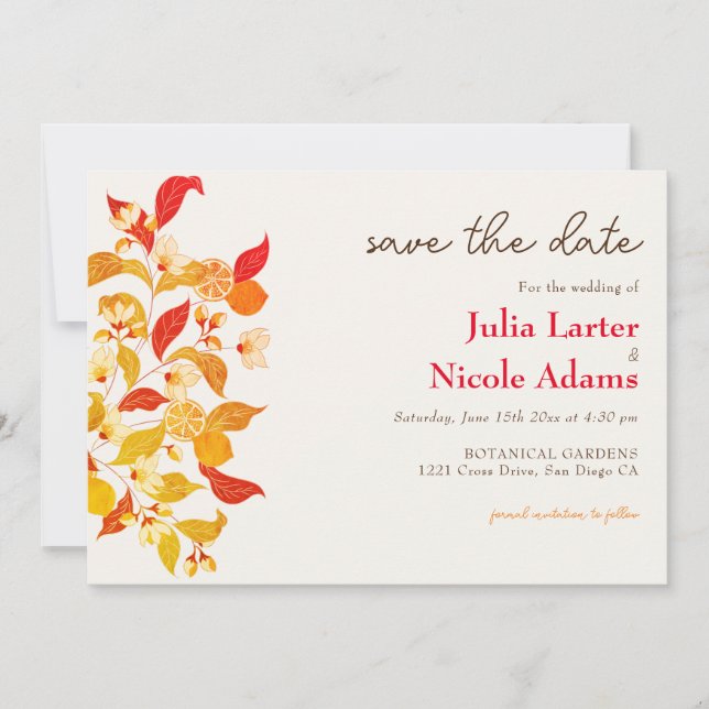 Fresh Lemony Liebe Citrus Foliage Hochzeit Save The Date (Vorderseite)