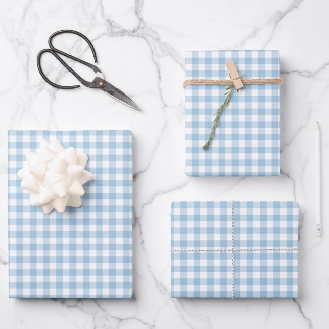 Fresh Light Blue Gingham Karo Pattern Geschenkpapier Set (Vorderseite)