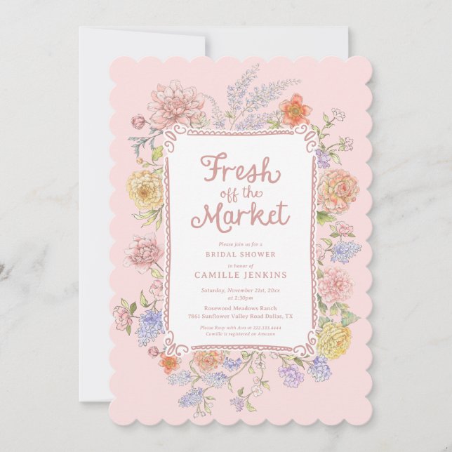 Fresh off Market Pink Floral Brautparty Einladung (Vorderseite)