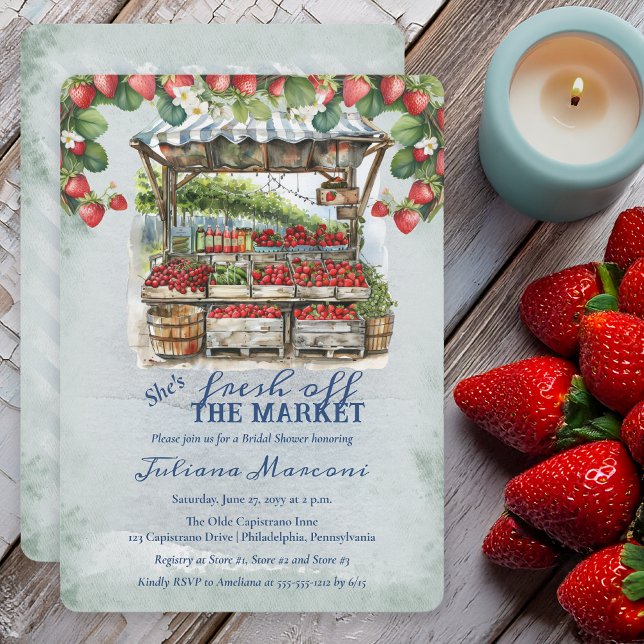 Fresh off Market Strawberries Brautparty Einladung (Fresh Off the Market Strawberries Farmer's Fruit Stand Distressed Blue Bridal Shower Invitation)
