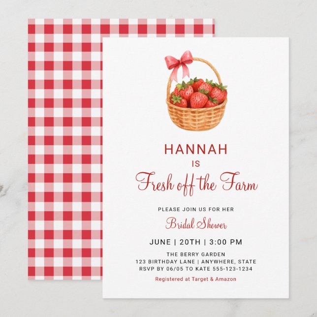 Fresh Off The Farm Strawberry Bow Bridal Shower Einladung (Vorne/Hinten)
