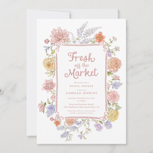 Fresh Off the Market Floral Bridal Shower Einladung (Vorderseite)